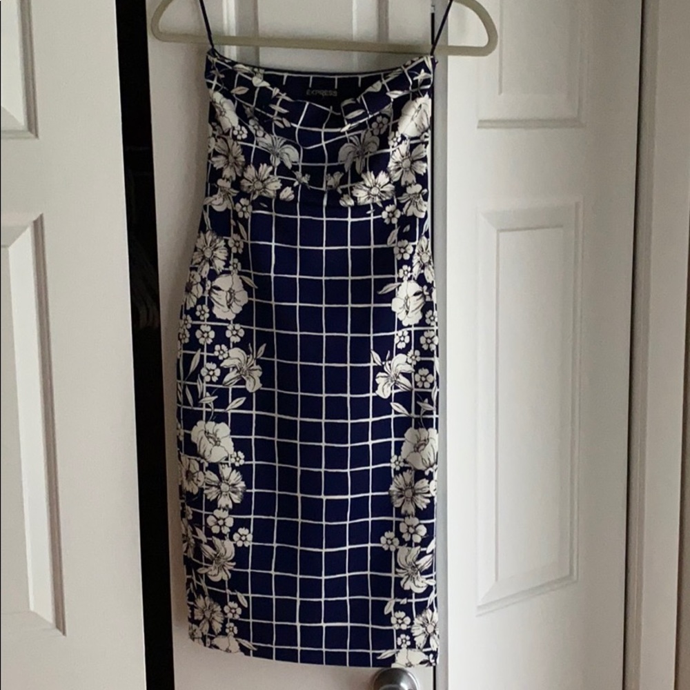 Blue strapless Express dress with white flowers